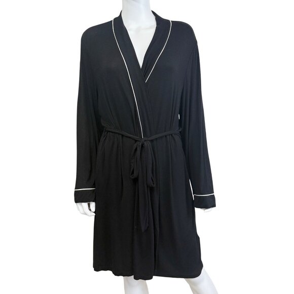 Alfani Intimates Womens Black Robe XL Wrap Tie Lounge Sleepwear Contrast Trim - Picture 1 of 3
